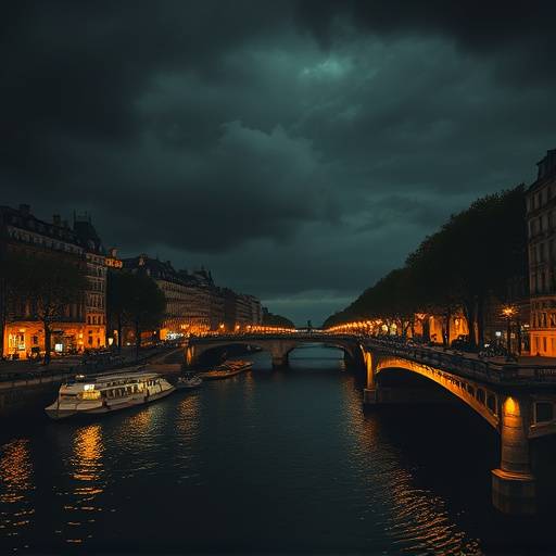 Affiche du spectacle 'L'Ombre de la Seine' présentant une scène nocturne sur les quais de Seine